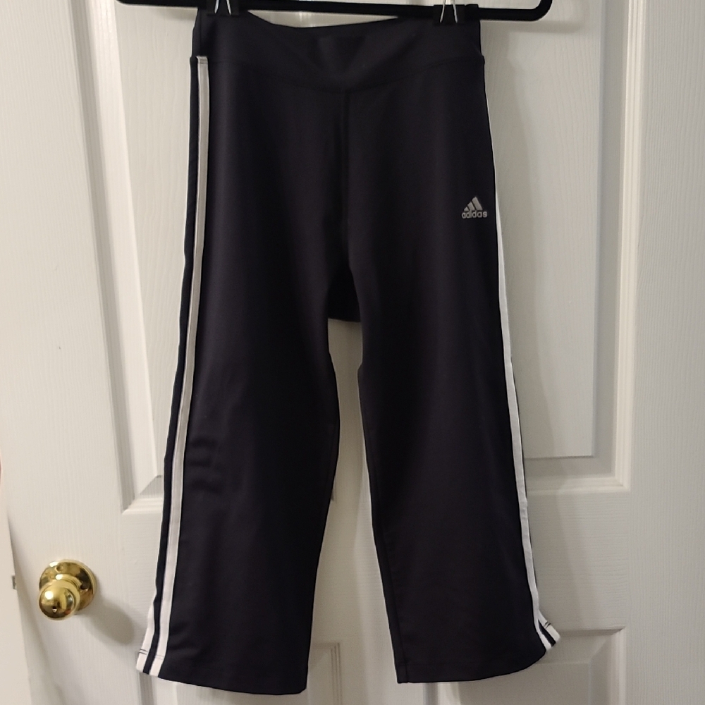 Adidas Navy and White Capri Leggings with Iconic Stripes